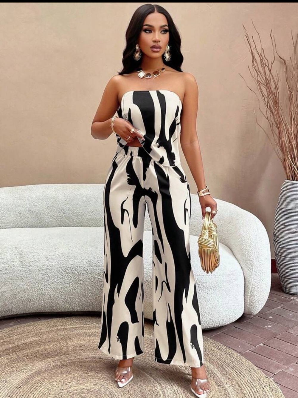 Strapless Black & Cream Wide-Leg Pants Set - Women's Dress